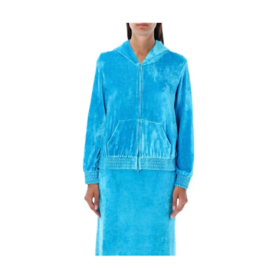 (Women) Balenciaga Blue Velvet Hoodie with Kangaroo Pocket and Zipper. 751792TOV104900