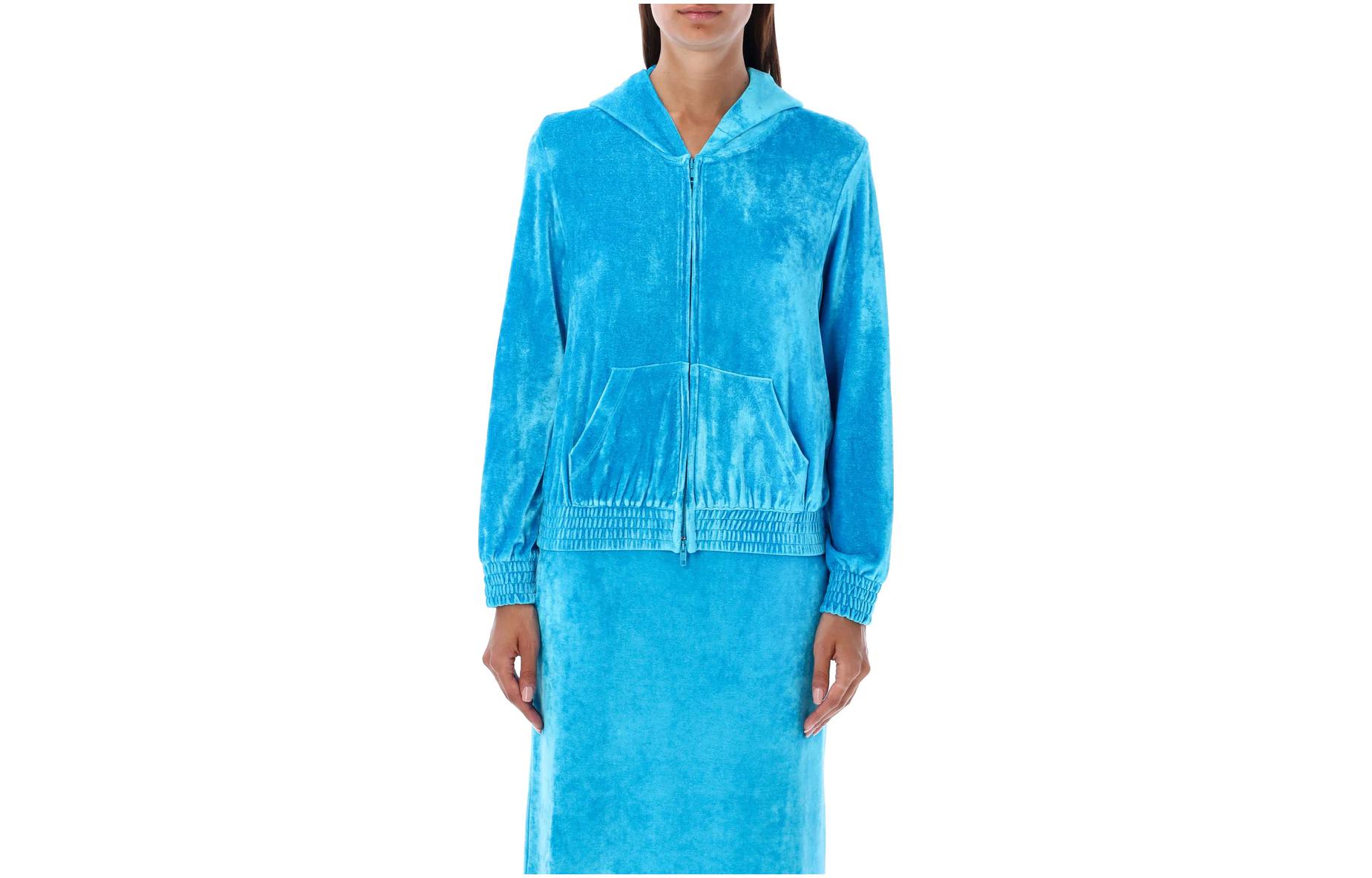 Order (W) Balenciaga Hoodie Velvet Biru dengan Poket Kanggaru dan Zip. 751792TOV104900