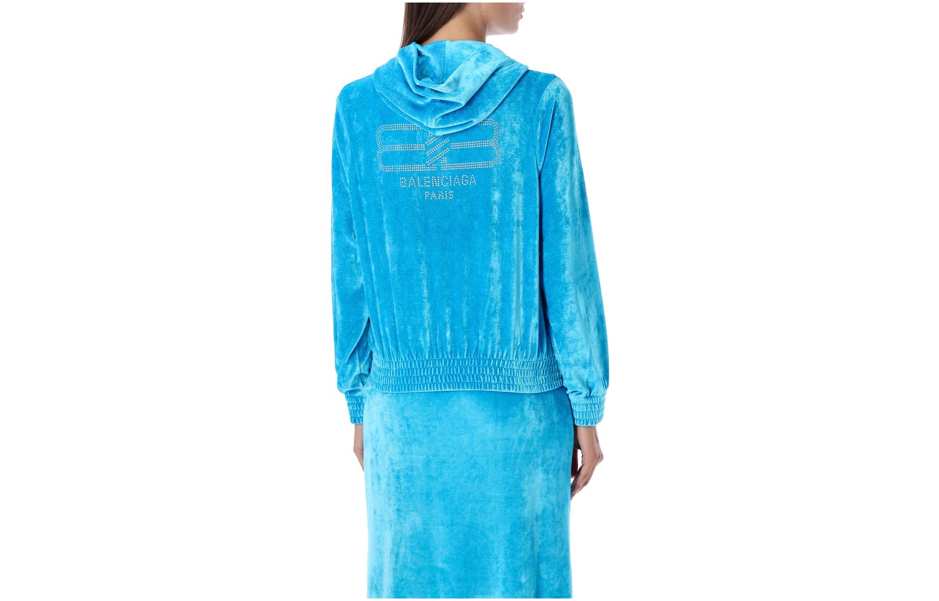 Lookbook (W) Balenciaga Hoodie Velvet Biru dengan Poket Kanggaru dan Zip. 751792TOV104900