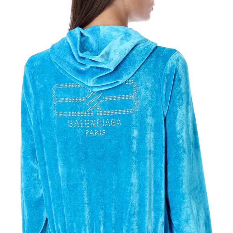 Sizing (W) Balenciaga Hoodie Velvet Biru dengan Poket Kanggaru dan Zip. 751792TOV104900