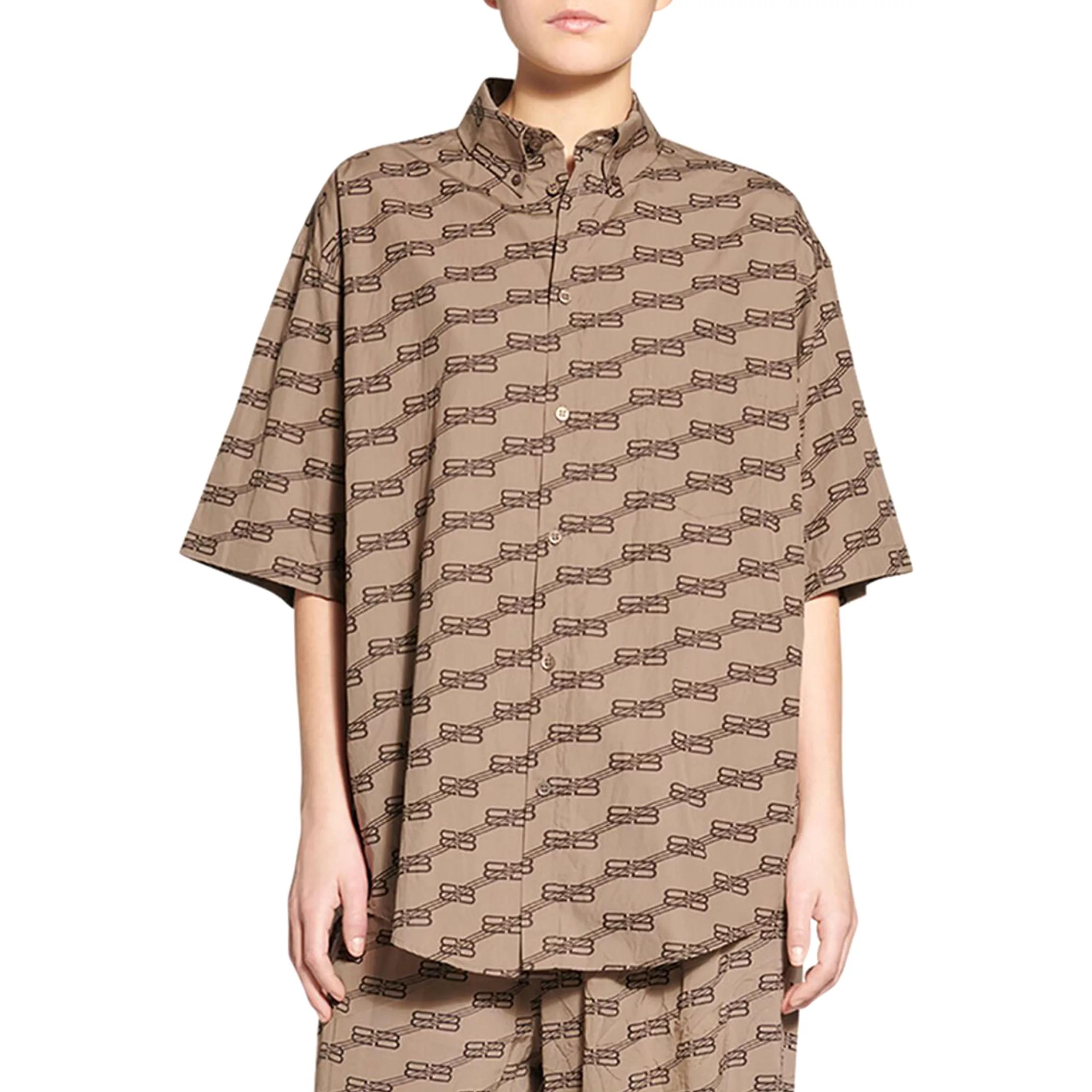 Shop (Women) Balenciaga  Brown Button-Down Short Sleeve Shirt Regular Fit 683734-TML36-9378