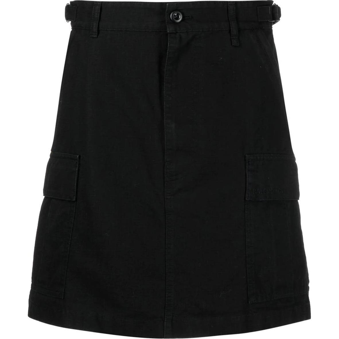 (Women) Balenciaga  FW22 Black A-Line Utility Mini Skirt with Buttons and Zippers. 704358TKP271000