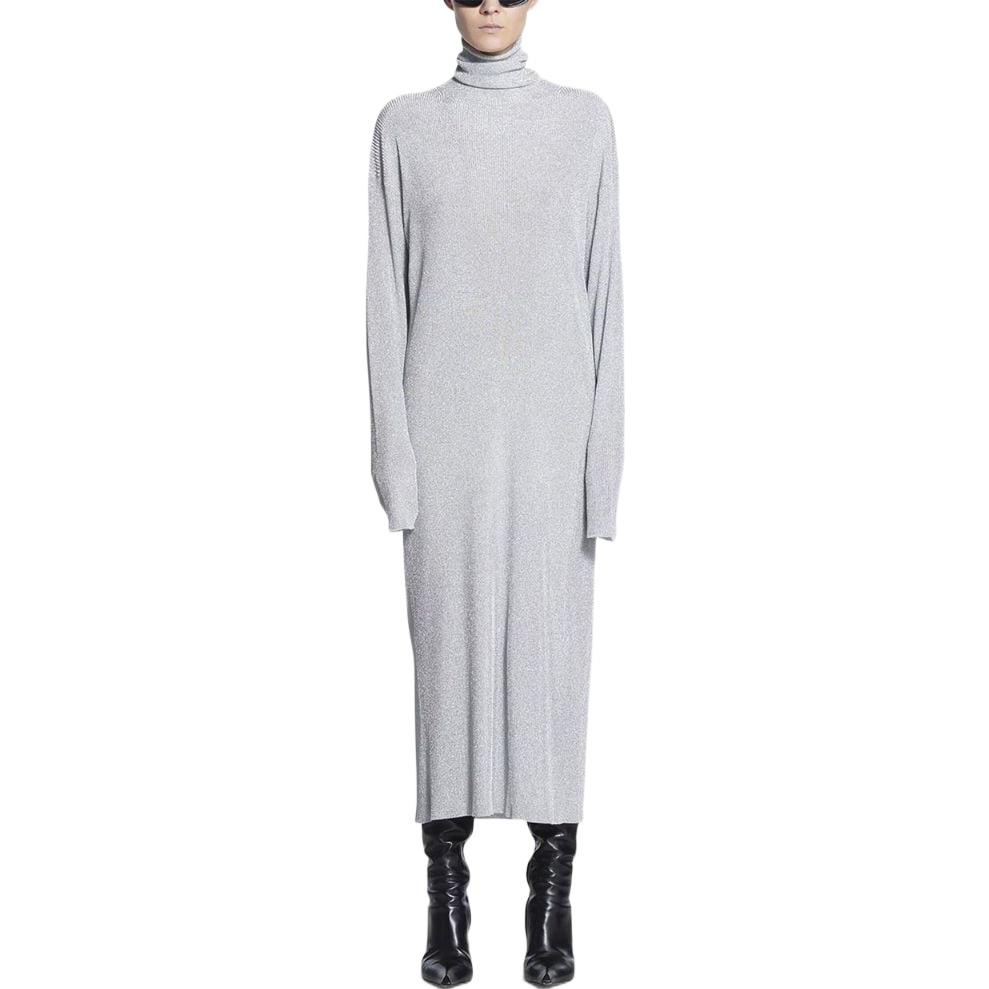 Lookbook (Women) Balenciaga  FW22 Grey Metallic Thread Turtleneck Long Sleeve Dress. 694265T62011038
