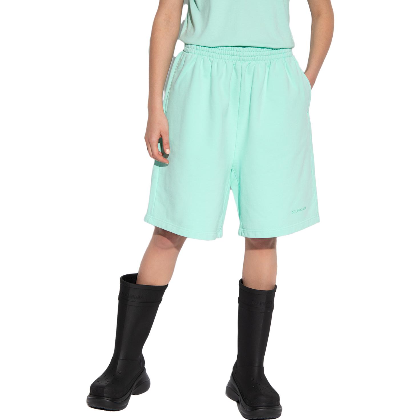 Shop (Women) Balenciaga  FW22 Mint Green Logo Print Elastic Waist Casual Shorts. 674591TLVB80306