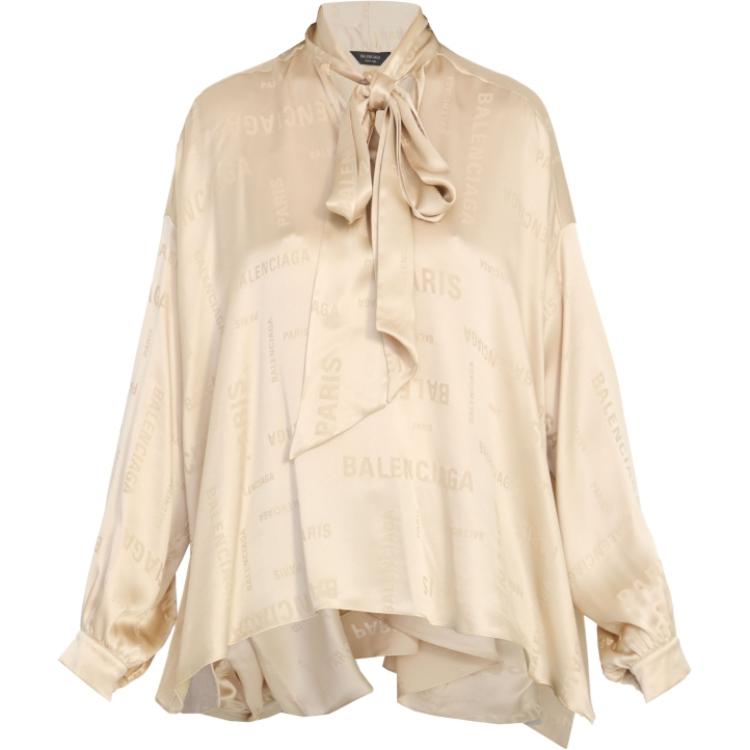 (Women) Balenciaga  Gold Letter Print High-Neck Long Sleeve Bow Top 773318TPN031975