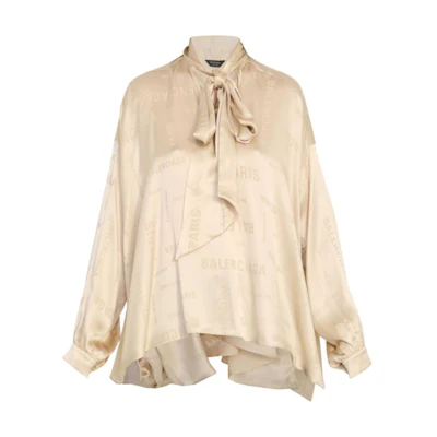 (Women) Balenciaga Gold Letter Print High-Neck Long Sleeve Bow Top 773318TPN031975
