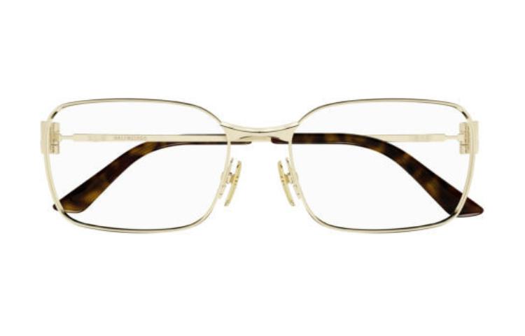 Lookbook (W) Kacamata Optik Balenciaga Gold Metal Square dengan Logo. BB0340O