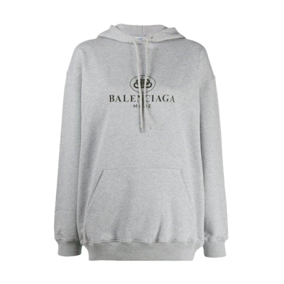 (Women) Balenciaga Gray Loose Fit Hoodie with Logo Print and Drawstring. 570798TFV751300