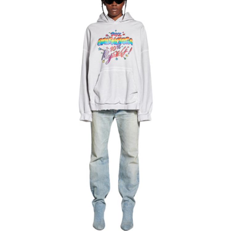 Shop (W) Balenciaga Kelabu Hoodie Oversized dengan Cetakan Huruf Pelbagai Warna. 675003TMVH49012