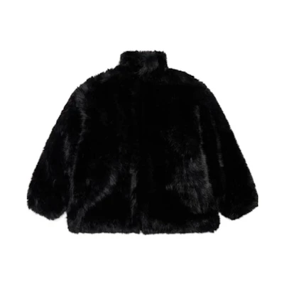 (Women) Balenciaga High-Neck Logo Faux Fur Jacket Black. 768980TPQ231000