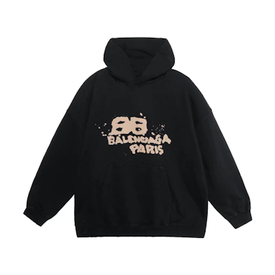 (Women) Balenciaga Hoodie Black with Logo Print Long Sleeve Pullover. 620947TNVQ11059