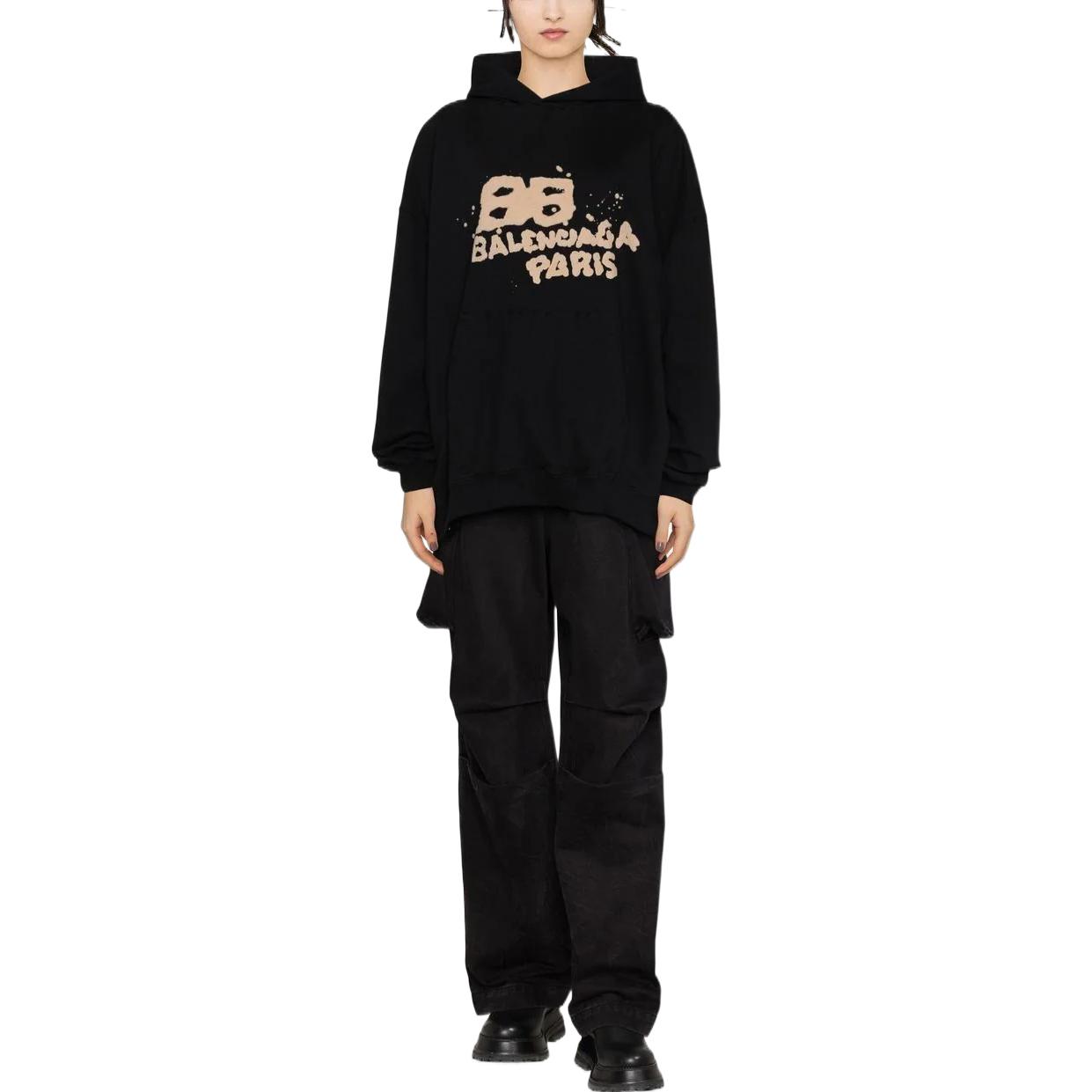 Shop (Women) Balenciaga  Hoodie Black with Logo Print Long Sleeve Pullover. 620947TNVQ11059