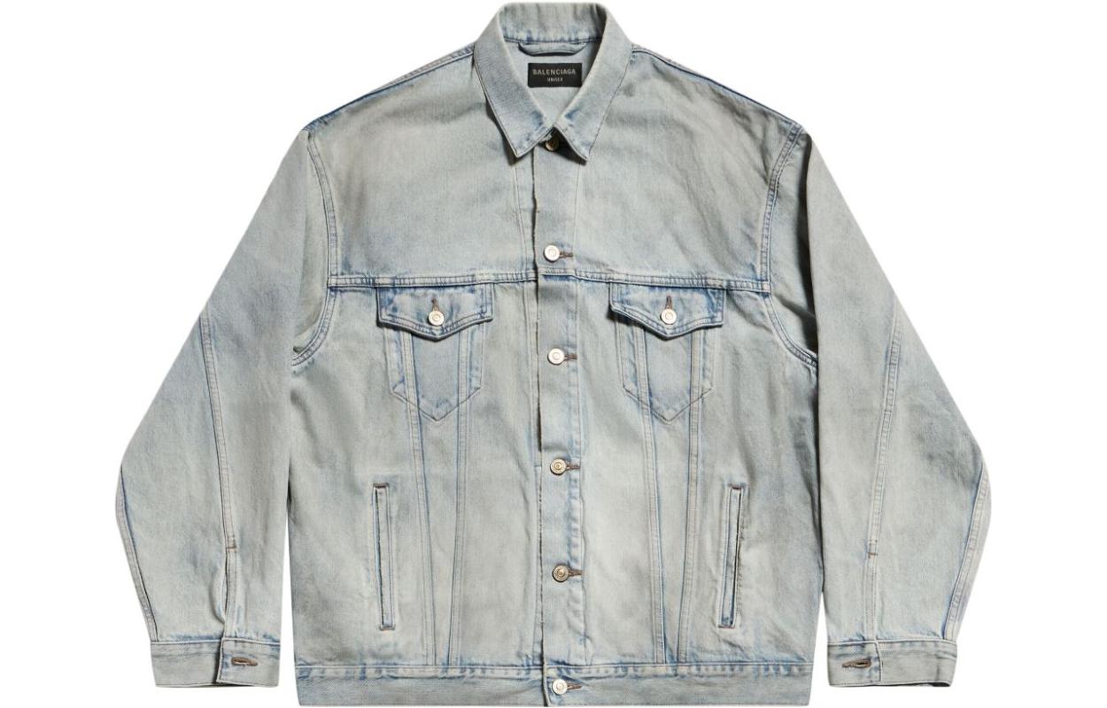 (Women) Balenciaga  Light Blue Letter Print Denim Jacket with Collar and Buttons. 767951TDW144016