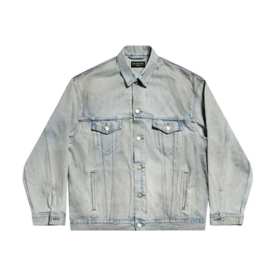(Women) Balenciaga Light Blue Letter Print Denim Jacket with Collar and Buttons. 767951TDW144016