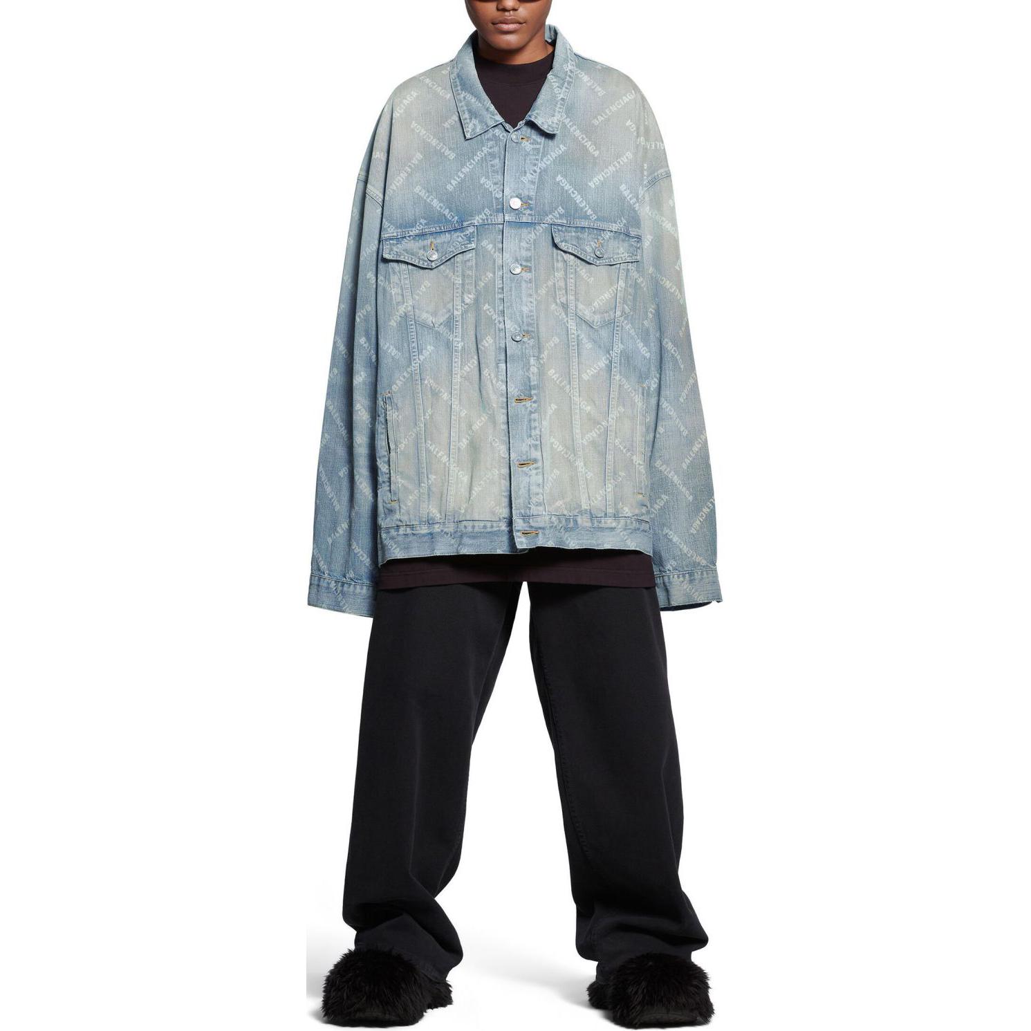 Shop (Women) Balenciaga  Light Blue Monogram Denim Jacket Regular Fit Spring Outerwear 773616TPW534868