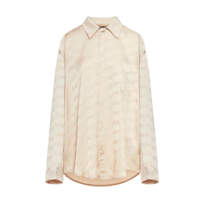 (Women) Balenciaga Logo Print Oversized Long Sleeve Shirt Off-White. 681631TMO681975
