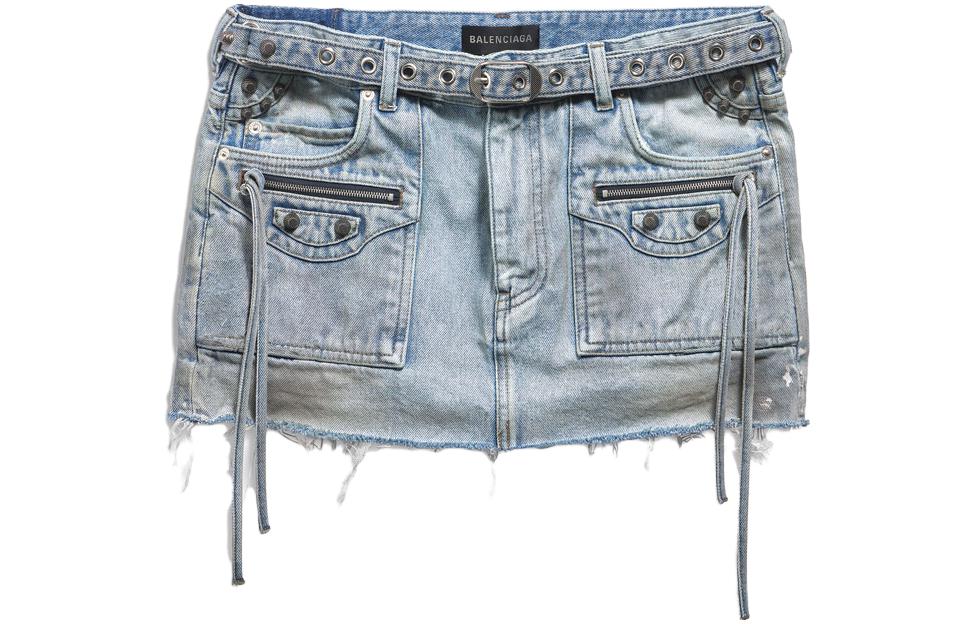 (Women) Balenciaga  Mini Denim Skirt with Frayed Belt Blue Regular Fit. 764534TDW144016