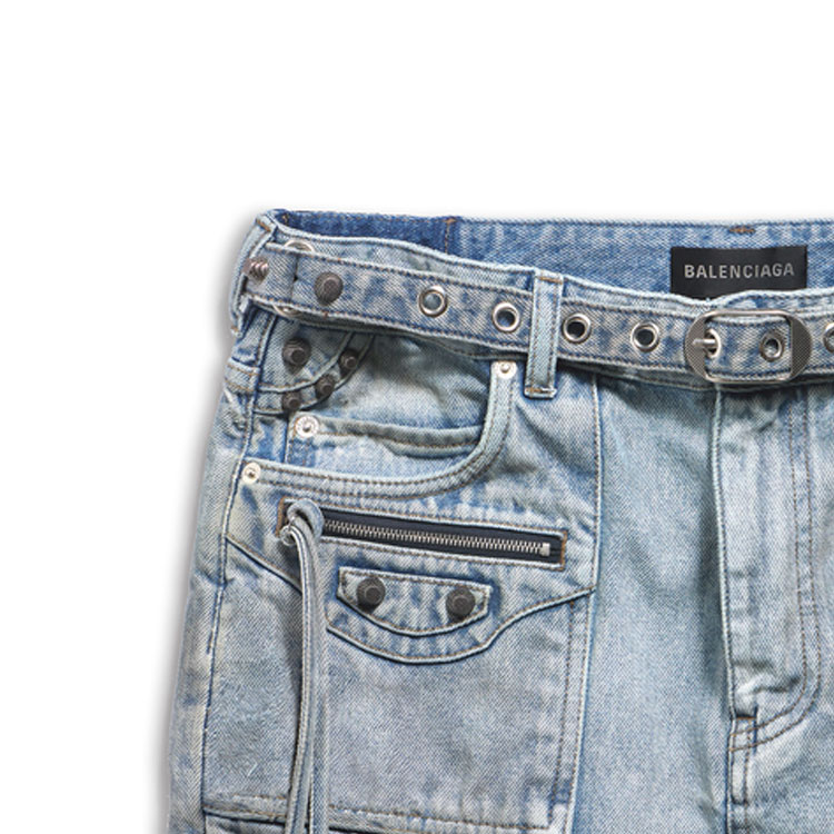 Sizing (W) 발렌시아가 미니 데님 스커트 프레이드 벨트 블루 레귤러 핏. 764534TDW144016