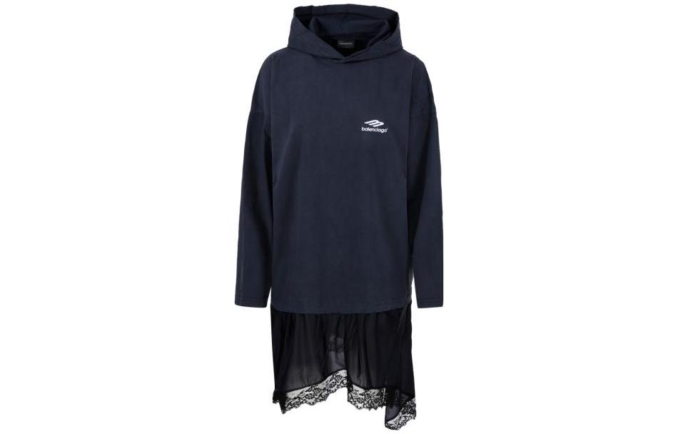 (Women) Balenciaga  Oversized Letter Print Hoodie Navy Blue Pullover Sweatshirt 768077TOVH91569