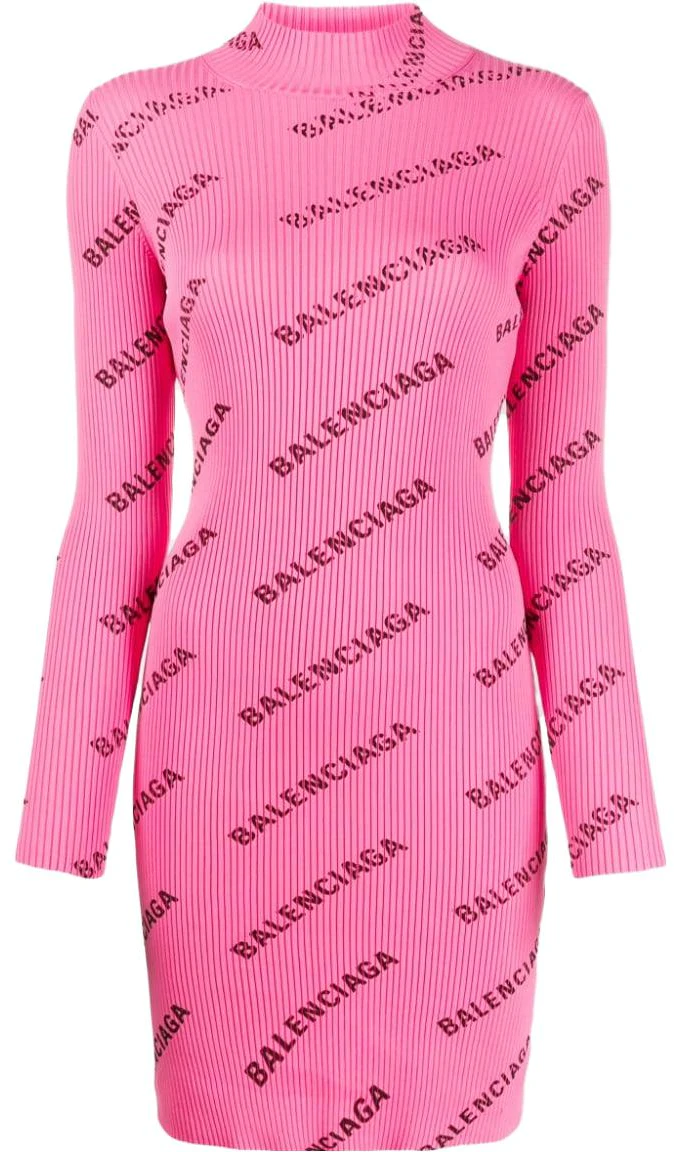 women-balenciaga-pink-high-neck-letter-print-long-sleeve-mini-dress-595196-t6140-6573