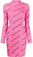 (Women) Balenciaga Pink High-Neck Letter Print Long Sleeve Mini Dress 595196-T6140-6573 (Women) Balenciaga Pink High-Neck Letter Print Long Sleeve Mini Dress 595196-T6140-6573