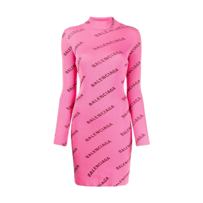 (Women) Balenciaga Pink High-Neck Letter Print Long Sleeve Mini Dress 595196-T6140-6573