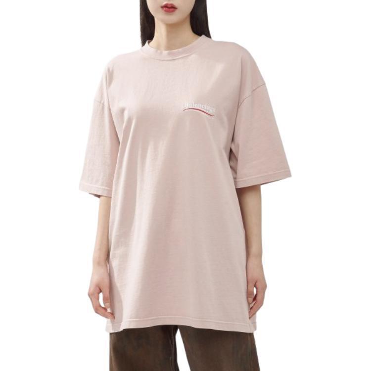 Shop (Women) Balenciaga  Pink Letter Print Crewneck T-Shirt Regular Fit. 641655TKVJ11764