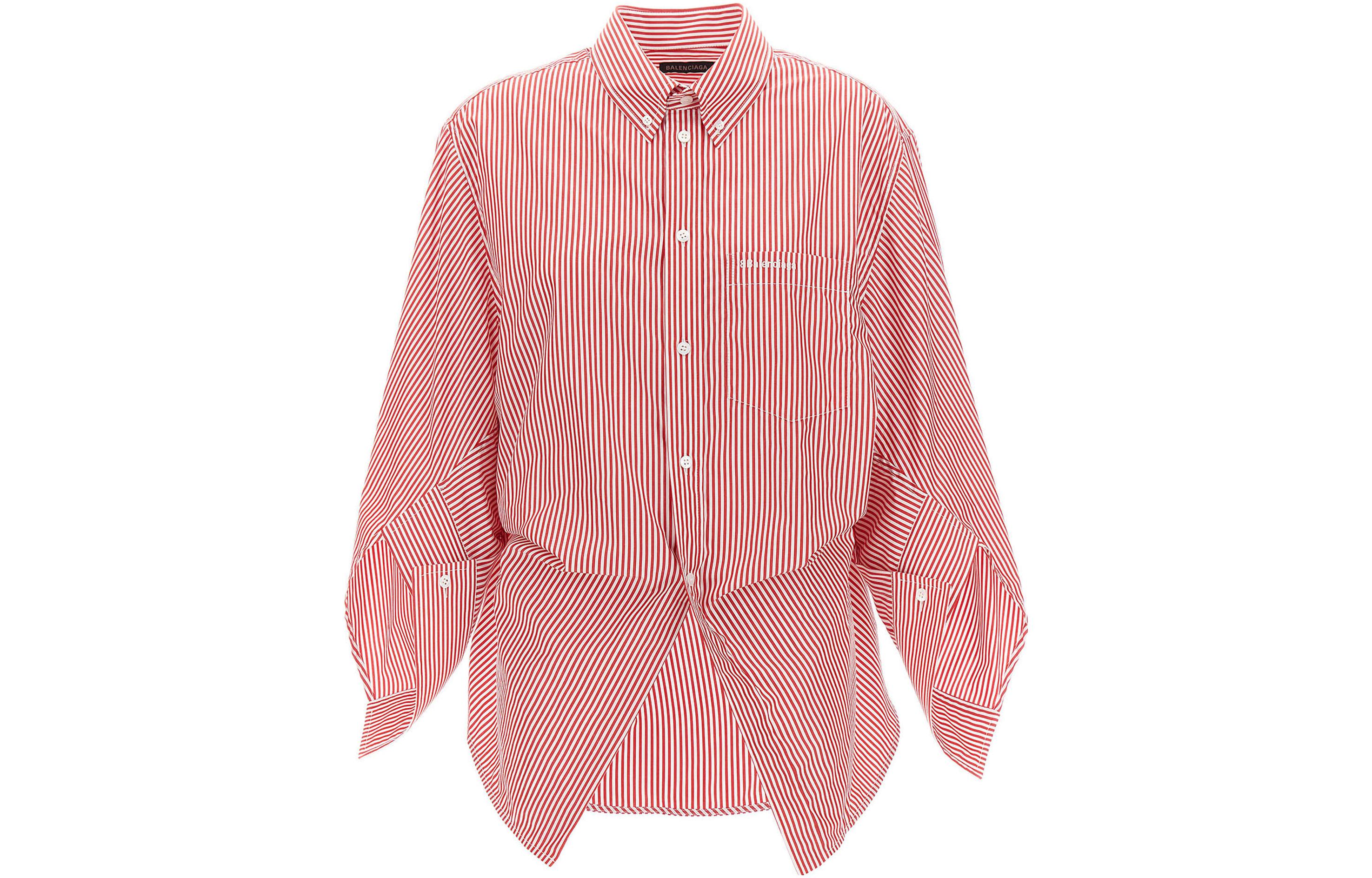 (Women) Balenciaga  Red Striped Point Collar Long Sleeve Shirt. 769406TGM276540