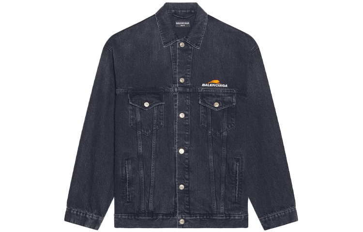 (Women) Balenciaga  SS22 Letter Print Black Denim Jacket with Single-Breasted Collar. 681804TBP470105