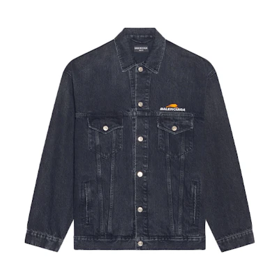 (Women) Balenciaga SS22 Letter Print Black Denim Jacket with Single-Breasted Collar. 681804TBP470105