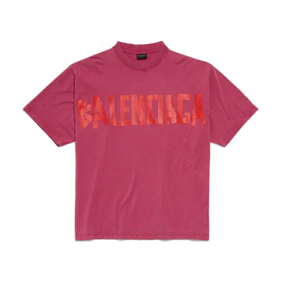 (Women) Balenciaga Tape Type Logo Crewneck T-Shirt Raspberry Red Regular Fit. 764235TSVK15003