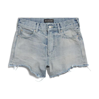 (Women) Balenciaga Washed Distressed Denim Shorts Light Blue SS24 Collection. 790456TQW556379
