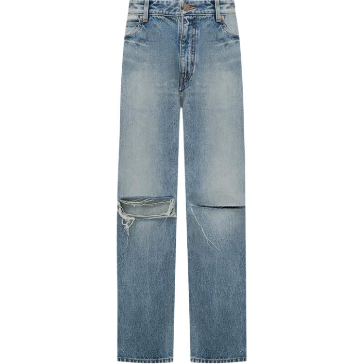 (Women) Balenciaga  Washed Distressed Mid-Rise Straight Jeans Blue 745149TDW14-3341