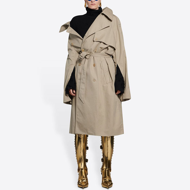 Shop (W) 巴黎世家女士不对称领双排扣宽松风衣米色 663007TKP069501