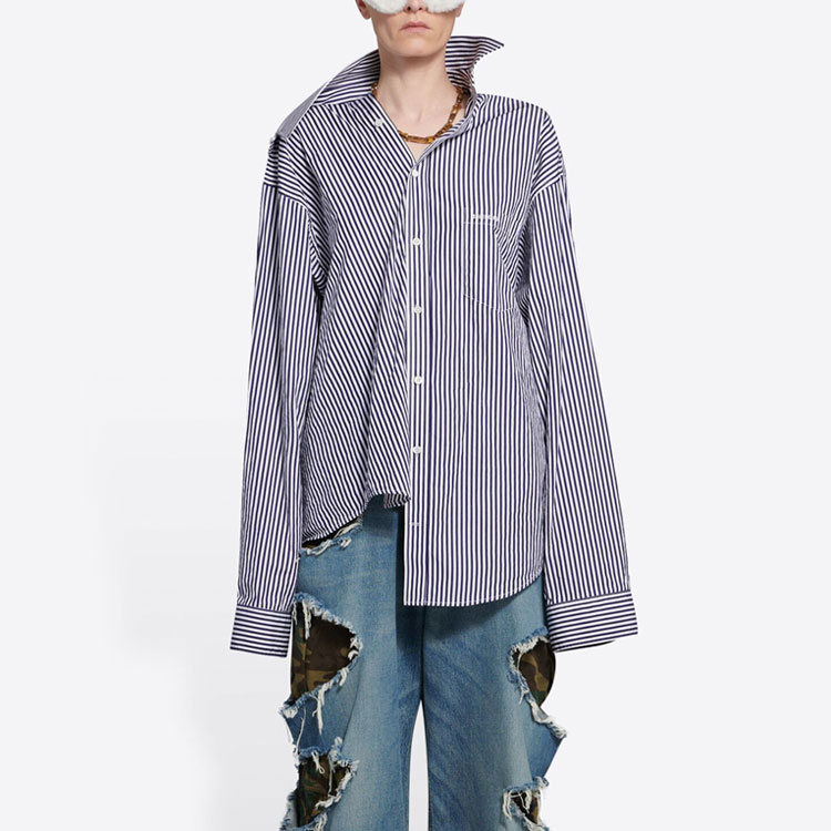 Shop (W) Balenciaga Kemeja Lengan Panjang Asimetris Garis Biru Navy 663034TIM368502