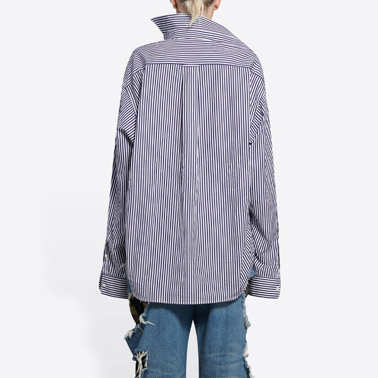 Purchase (W) Balenciaga Kemeja Lengan Panjang Asimetris Garis Biru Navy 663034TIM368502