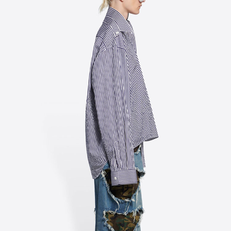 Details for (W) Balenciaga Kemeja Lengan Panjang Asimetris Garis Biru Navy 663034TIM368502