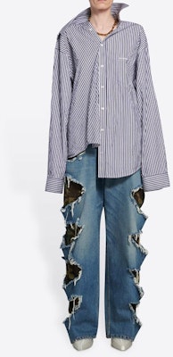 (Women) Balenciaga Asymmetric Striped Long Sleeve Shirt Navy Blue 663034TIM368502 Sizing (Women) Balenciaga Asymmetric Striped Long Sleeve Shirt Navy Blue 663034TIM368502