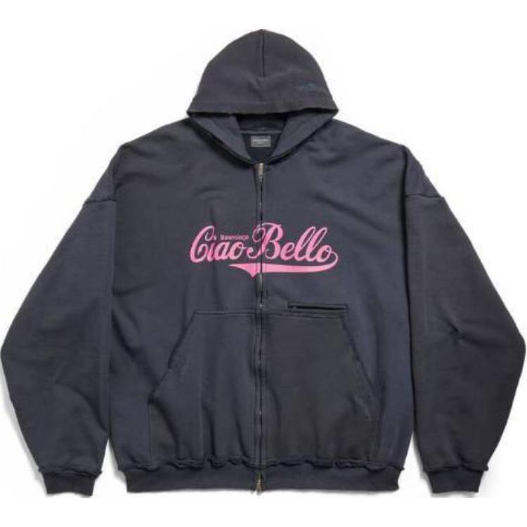 (Women) Balenciaga Black Letter Print Loose Fit Zip-Up Hoodie Jacket 808227TRVH41055