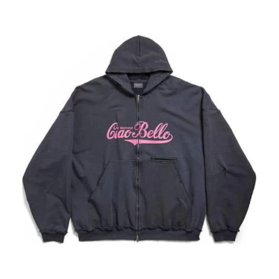 (Women) Balenciaga Black Letter Print Loose Fit Zip-Up Hoodie Jacket 808227TRVH41055