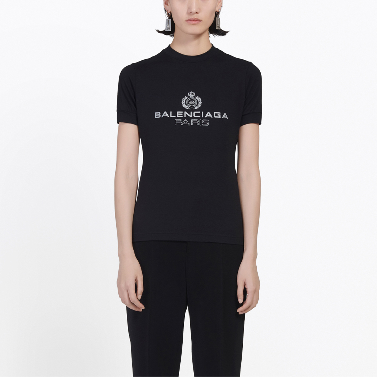 Shop (W) バレンシアガ ブラック ロゴプリント クルーネック Tシャツ レギュラーフィット 594603TGV471000