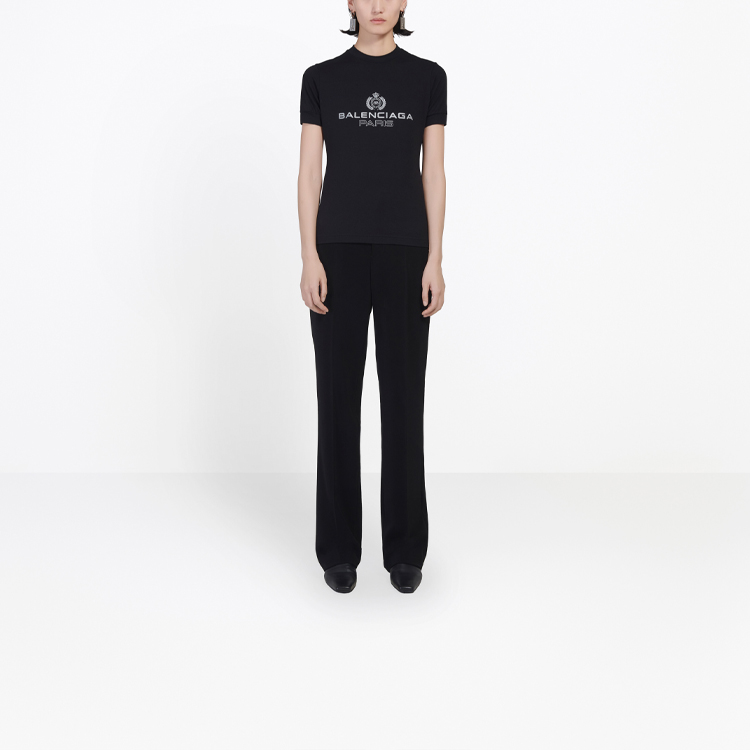 Sizing (W) バレンシアガ ブラック ロゴプリント クルーネック Tシャツ レギュラーフィット 594603TGV471000