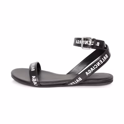 (W) Balenciaga Black Logo Print Sandals Black Leather