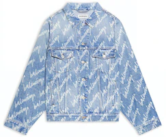 (Women) Balenciaga Blue Denim Jacket with Allover Logo Print and Collar. 662853TJW904200 (Women) Balenciaga Blue Denim Jacket with Allover Logo Print and Collar. 662853TJW904200