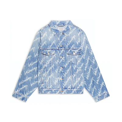 (Women) Balenciaga Blue Denim Jacket with Allover Logo Print and Collar. 662853TJW904200