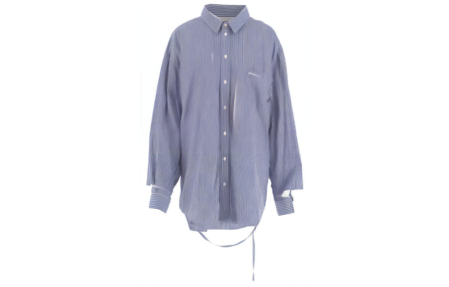 (Women) Balenciaga Button-Up Distressed Striped Shirt Women’s Blue 661424TKM234011