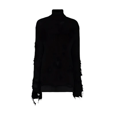 (Women) Balenciaga Distressed High-Neck Pullover Sweater Black. 662720T32091069