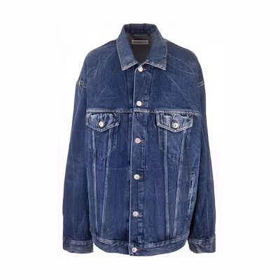 (Women) Balenciaga Distressed Logo Cotton Denim Jacket. 641545TJW214254