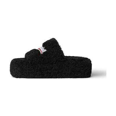 (W) Balenciaga Furry Platform Sandals 'Black Fake Shearling White and Red Political Campaign Embroideries'