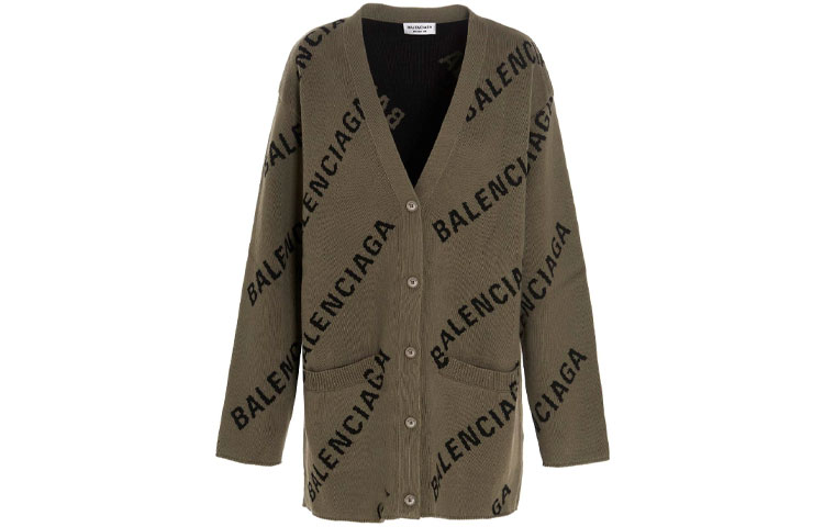 (Women) Balenciaga FW21 Logo Knit Buttoned V-Neck Cardigan Sweater Beige. 659675T32002900
